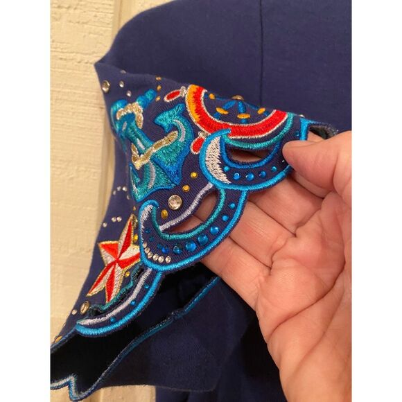 Quacker Factory T-Shirt Women's L Blue Embroidered Bling Sleeves Crew Neck - Picture 6 of 9